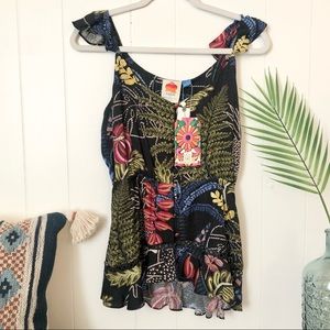 Anthropologie Farm Rio sleeveless top sz S floral flutter ruffle sleeves NWT